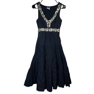 SUE WONG Black Beaded A-line Tiered Cocktail Dress Gold Belt India VTG Y2K Sz 4P